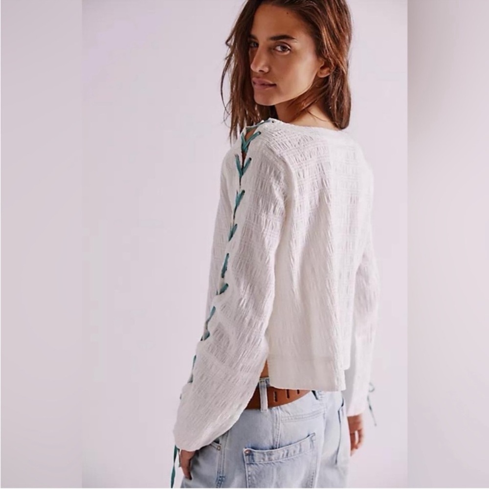 We The Free White Long Sleeve Top with Teal Lace-Up Detail - Picture 3 of 3